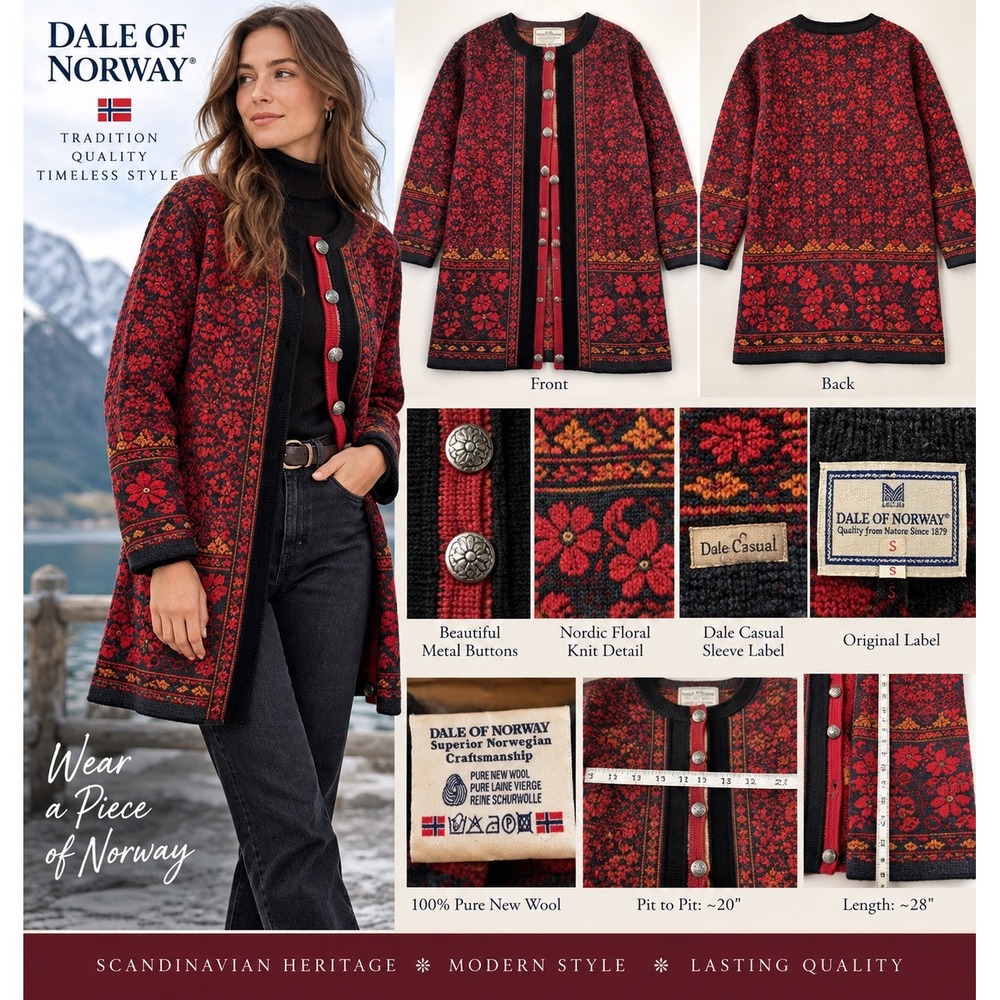 Dale of Norway Dale Casual Wool Cardigan Womens S Nordic Floral Red Black Long